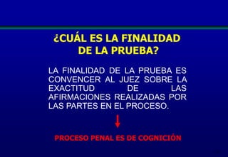 123
¿CUÁL ES LA FINALIDAD
DE LA PRUEBA?
LA FINALIDAD DE LA PRUEBA ES
CONVENCER AL JUEZ SOBRE LA
EXACTITUD DE LAS
AFIRMACIONES REALIZADAS POR
LAS PARTES EN EL PROCESO.
PROCESO PENAL ES DE COGNICIÓN
 