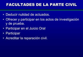 58
FACULTADES DE LA PARTE CIVIL
• Deducir nulidad de actuados.
• Ofrecer y participar en los actos de investigación
y de prueba.
• Participar en el Juicio Oral
• Participar
• Acreditar la reparación civil.
 