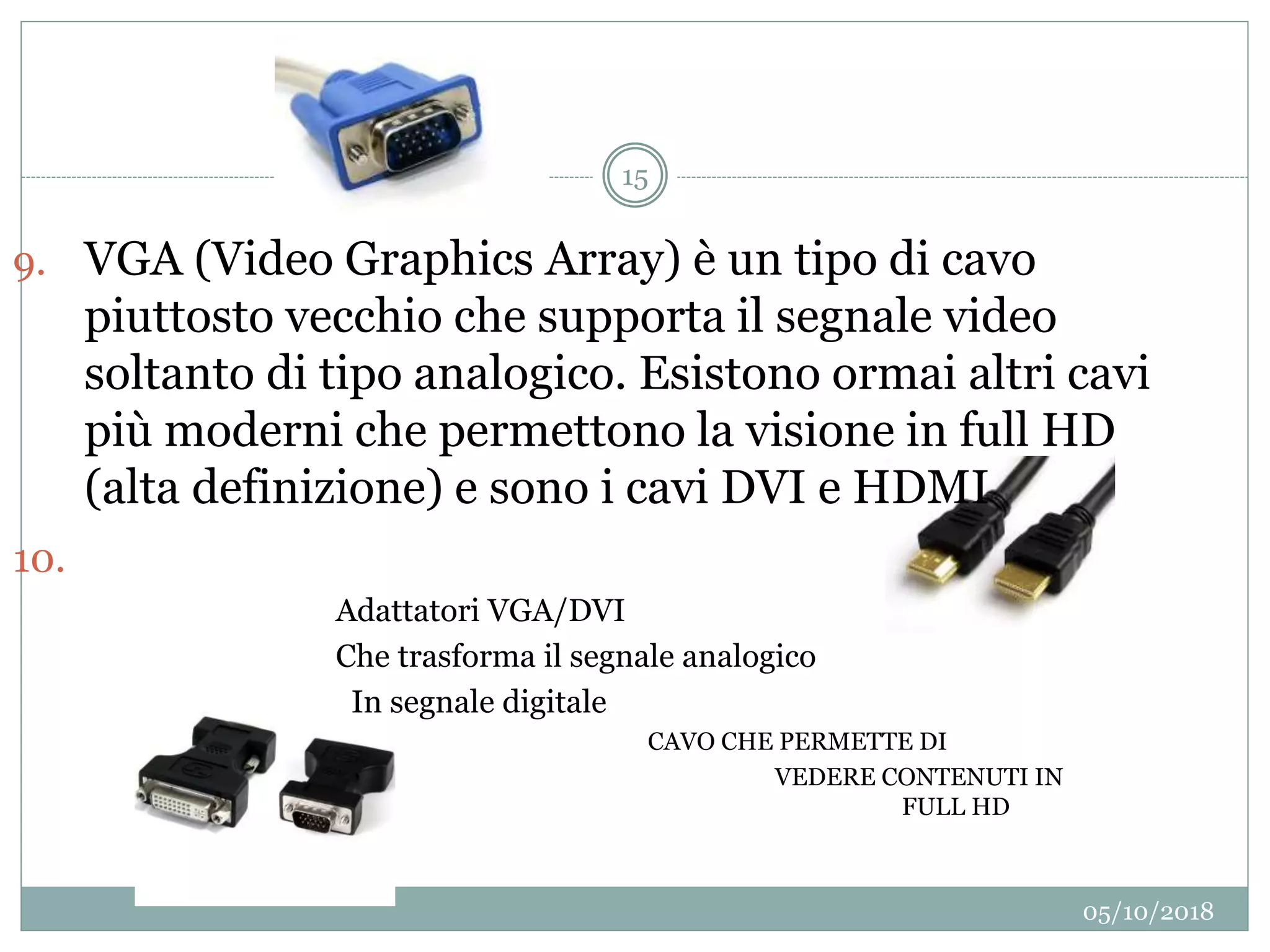 05/10/2018
15
9. VGA (Video Graphics Array) è un tipo di cavo
piuttosto vecchio che supporta il segnale video
soltanto di tipo analogico. Esistono ormai altri cavi
più moderni che permettono la visione in full HD
(alta definizione) e sono i cavi DVI e HDMI
10.
Adattatori VGA/DVI
Che trasforma il segnale analogico
In segnale digitale
CAVO CHE PERMETTE DI
VEDERE CONTENUTI IN
FULL HD
 