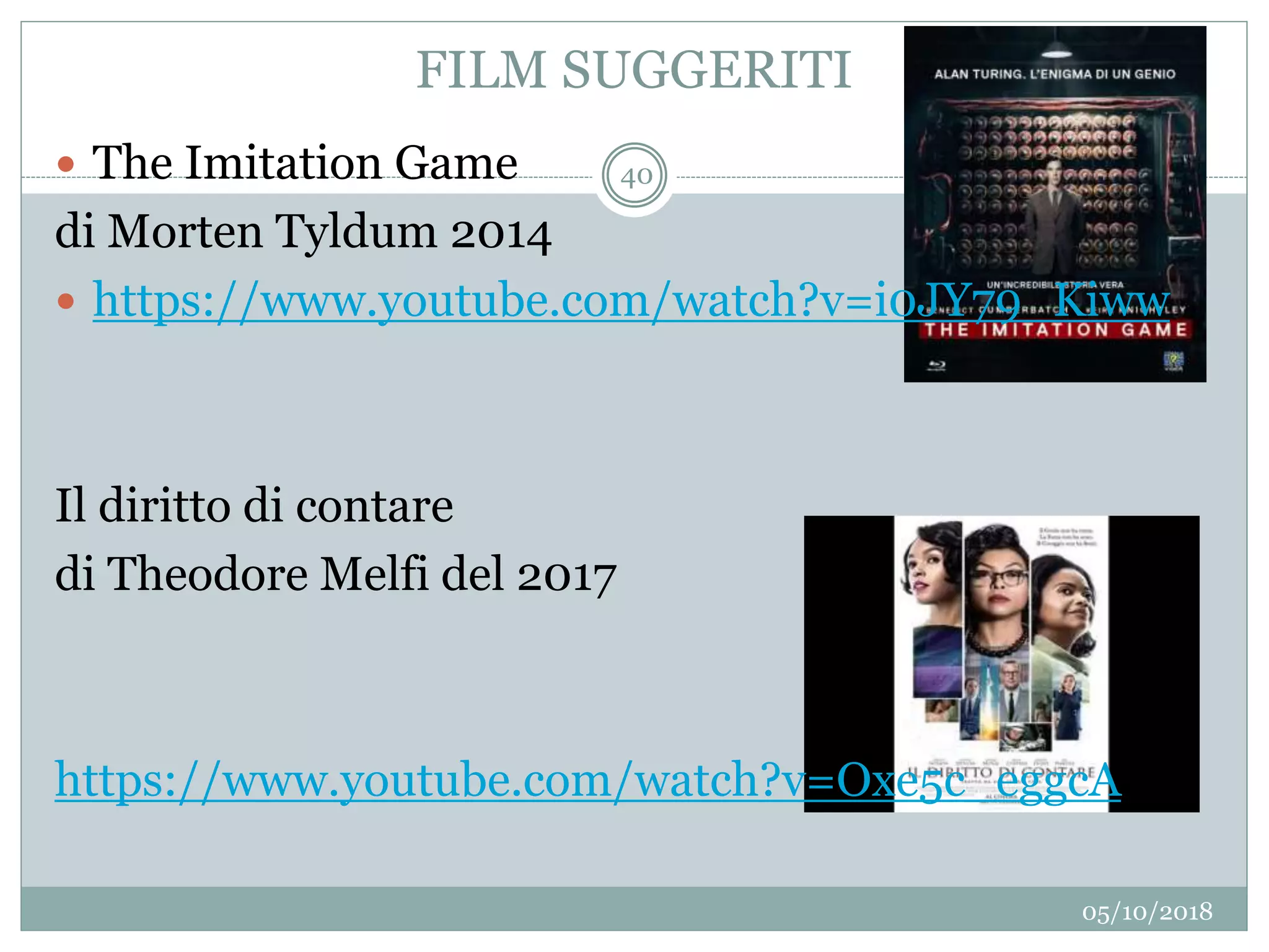 FILM SUGGERITI
05/10/2018
40 The Imitation Game
di Morten Tyldum 2014
 https://www.youtube.com/watch?v=i0JY79_Kiww
Il diritto di contare
di Theodore Melfi del 2017
https://www.youtube.com/watch?v=Oxe5c_eggcA
 