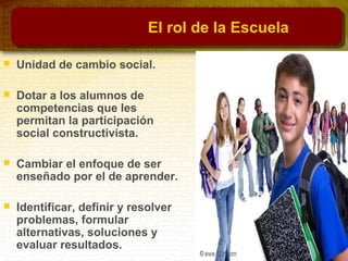  Unidad de cambio social.
 Dotar a los alumnos de
competencias que les
permitan la participación
social constructivista.
 Cambiar el enfoque de ser
enseñado por el de aprender.
 Identificar, definir y resolver
problemas, formular
alternativas, soluciones y
evaluar resultados.
El rol de la Escuela
 