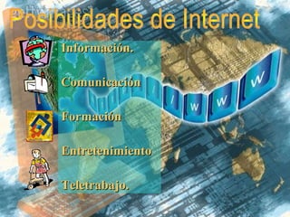 Información.Información.
ComunicaciónComunicación
FormaciónFormación
EntretenimientoEntretenimiento
Teletrabajo.Teletrabajo.
 