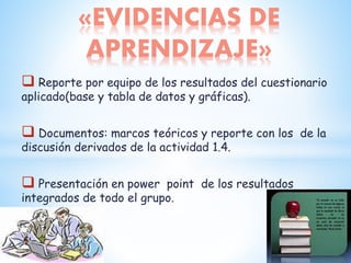  Reporte por equipo de los resultados del cuestionario
aplicado(base y tabla de datos y gráficas).
 Documentos: marcos teóricos y reporte con los de la
discusión derivados de la actividad 1.4.
 Presentación en power point de los resultados
integrados de todo el grupo.
«EVIDENCIAS DE
APRENDIZAJE»
 
