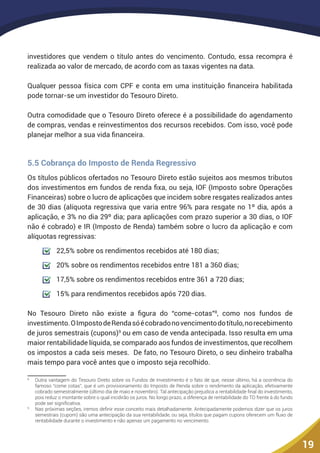 19
investidores que vendem o título antes do vencimento. Contudo, essa recompra é
realizada ao valor de mercado, de acordo com as taxas vigentes na data.
Qualquer pessoa física com CPF e conta em uma instituição financeira habilitada
pode tornar-se um investidor do Tesouro Direto.
Outra comodidade que o Tesouro Direto oferece é a possibilidade do agendamento
de compras, vendas e reinvestimentos dos recursos recebidos. Com isso, você pode
planejar melhor a sua vida financeira.
5.5 Cobrança do Imposto de Renda Regressivo
Os títulos públicos ofertados no Tesouro Direto estão sujeitos aos mesmos tributos
dos investimentos em fundos de renda fixa, ou seja, IOF (Imposto sobre Operações
Financeiras) sobre o lucro de aplicações que incidem sobre resgates realizados antes
de 30 dias (alíquota regressiva que varia entre 96% para resgate no 1º dia, após a
aplicação, e 3% no dia 29º dia; para aplicações com prazo superior a 30 dias, o IOF
não é cobrado) e IR (Imposto de Renda) também sobre o lucro da aplicação e com
alíquotas regressivas:
	 22,5% sobre os rendimentos recebidos até 180 dias;
	 20% sobre os rendimentos recebidos entre 181 a 360 dias;
	 17,5% sobre os rendimentos recebidos entre 361 a 720 dias;
	 15% para rendimentos recebidos após 720 dias.
No Tesouro Direto não existe a figura do “come-cotas”8
, como nos fundos de
investimento.OImpostodeRendasóécobradonovencimentodotítulo,norecebimento
de juros semestrais (cupons)9
ou em caso de venda antecipada. Isso resulta em uma
maior rentabilidade líquida, se comparado aos fundos de investimentos, que recolhem
os impostos a cada seis meses. De fato, no Tesouro Direto, o seu dinheiro trabalha
mais tempo para você antes que o imposto seja recolhido.
8
	 Outra vantagem do Tesouro Direto sobre os Fundos de Investimento é o fato de que, nesse último, há a ocorrência do
famoso “come cotas”, que é um provisionamento do Imposto de Renda sobre o rendimento da aplicação, efetivamente
cobrado semestralmente (último dia de maio e novembro). Tal antecipação prejudica a rentabilidade final do investimento,
pois reduz o montante sobre o qual incidirão os juros. No longo prazo, a diferença de rentabilidade do TD frente à do fundo
pode ser significativa.
9
	 Nas próximas seções, iremos definir esse conceito mais detalhadamente. Antecipadamente podemos dizer que os juros
semestrais (cupom) são uma antecipação da sua rentabilidade, ou seja, títulos que pagam cupons oferecem um fluxo de
rentabilidade durante o investimento e não apenas um pagamento no vencimento.
 