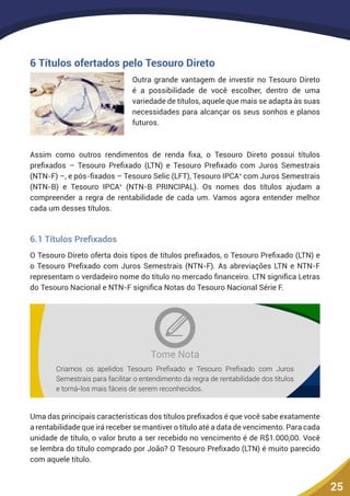 25
6 Títulos ofertados pelo Tesouro Direto
Outra grande vantagem de investir no Tesouro Direto
é a possibilidade de você escolher, dentro de uma
variedade de títulos, aquele que mais se adapta às suas
necessidades para alcançar os seus sonhos e planos
futuros.
Assim como outros rendimentos de renda fixa, o Tesouro Direto possui títulos
prefixados – Tesouro Prefixado (LTN) e Tesouro Prefixado com Juros Semestrais
(NTN-F) –, e pós-fixados – Tesouro Selic (LFT), Tesouro IPCA+
com Juros Semestrais
(NTN-B) e Tesouro IPCA+
(NTN-B PRINCIPAL). Os nomes dos títulos ajudam a
compreender a regra de rentabilidade de cada um. Vamos agora entender melhor
cada um desses títulos.
6.1 Títulos Prefixados
O Tesouro Direto oferta dois tipos de títulos prefixados, o Tesouro Prefixado (LTN) e
o Tesouro Prefixado com Juros Semestrais (NTN-F). As abreviações LTN e NTN-F
representam o verdadeiro nome do título no mercado financeiro. LTN significa Letras
do Tesouro Nacional e NTN-F significa Notas do Tesouro Nacional Série F.
Criamos os apelidos Tesouro Prefixado e Tesouro Prefixado com Juros
Semestrais para facilitar o entendimento da regra de rentabilidade dos títulos
e torná-los mais fáceis de serem reconhecidos.
Tome Nota
Uma das principais características dos títulos prefixados é que você sabe exatamente
a rentabilidade que irá receber se mantiver o título até a data de vencimento. Para cada
unidade de título, o valor bruto a ser recebido no vencimento é de R$1.000,00. Você
se lembra do título comprado por João? O Tesouro Prefixado (LTN) é muito parecido
com aquele título.
 
