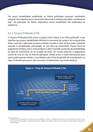 26
Por terem rentabilidade predefinida, os títulos prefixados possuem rendimento
nominal. Isso significa que é necessário descontar a inflação para obter o rendimento
real11
da aplicação. Os títulos disponíveis nessa modalidade são explicados na
sequência.
6.1.1 Tesouro Prefixado (LTN)
O Tesouro Prefixado (LTN), como o próprio nome indica, é um título prefixado, o que
significa que possui rentabilidade definida no momento da compra. Ao comprar esse
título, você faz a aplicação (compra o título) e recebe o valor de face (valor investido
somado à rentabilidade contratada), na sua data de vencimento. Possui fluxo de
pagamento simples, isto é, você receberá o valor investido acrescido da rentabilidade
na data de vencimento ou no resgate do título. Em outras palavras, o pagamento
ocorre de uma só vez, no final da aplicação. Sendo assim, é mais interessante para
quem pode esperar receber o seu dinheiro até o final do período do investimento, ou
seja, é indicado para quem não necessita complementar sua renda desde já.
Figura 4 – Fluxo do Tesouro Preﬁxado (LTN)
Taxa de Juros efetiva no período
R$ 1.000,00
Valor de Face
ou Nominal
(Valor Investido +
Rendimentos)
Valor
Investido
Preço do Título
Data de
Vencimento
Investidor realiza a compra e
transfere os recursos
Investidor recebe o retorno
de seu investimento
11
	 Rendimento real representa o ganho acima da inflação, ou seja, o investidor deve subtrair do rendimento nominal a infla-
ção do período para saber o seu ganho acima da inflação. No módulo 3 desse curso, esses conceitos serão retomados e
aprofundados.
 