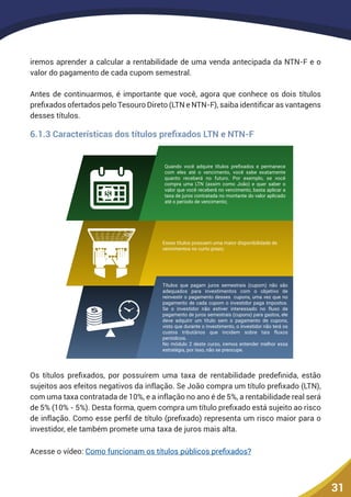 31
iremos aprender a calcular a rentabilidade de uma venda antecipada da NTN-F e o
valor do pagamento de cada cupom semestral.
Antes de continuarmos, é importante que você, agora que conhece os dois títulos
prefixados ofertados pelo Tesouro Direto (LTN e NTN-F), saiba identificar as vantagens
desses títulos.
6.1.3 Características dos títulos prefixados LTN e NTN-F
Títulos que pagam juros semestrais (cupom) não são
adequados para investimentos com o objetivo de
reinvestir o pagamento desses cupons, uma vez que no
pagamento de cada cupom o investidor paga impostos.
Se o investidor não estiver interessado no fluxo de
pagamento de juros semestrais (cupons) para gastos, ele
deve adquirir um título sem o pagamento de cupons,
visto que durante o investimento, o investidor não terá os
custos tributários que incidem sobre tais fluxos
periódicos.
No módulo 2 deste curso, iremos entender melhor essa
estratégia, por isso, não se preocupe.
Quando você adquire títulos preﬁxados e permanece
com eles até o vencimento, você sabe exatamente
quanto receberá no futuro. Por exemplo, se você
compra uma LTN (assim como João) e quer saber o
valor que você receberá no vencimento, basta aplicar a
taxa de juros contratada no montante do valor aplicado
até o período de vencimento;
Esses títulos possuem uma maior disponibilidade de
vencimentos no curto prazo;
Os títulos prefixados, por possuírem uma taxa de rentabilidade predefinida, estão
sujeitos aos efeitos negativos da inflação. Se João compra um título prefixado (LTN),
com uma taxa contratada de 10%, e a inflação no ano é de 5%, a rentabilidade real será
de 5% (10% - 5%). Desta forma, quem compra um título prefixado está sujeito ao risco
de inflação. Como esse perfil de título (prefixado) representa um risco maior para o
investidor, ele também promete uma taxa de juros mais alta.
Acesse o vídeo: Como funcionam os títulos públicos prefixados?
 