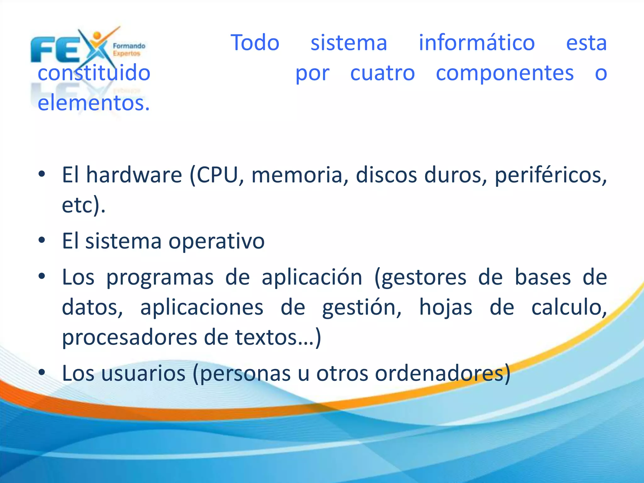 Todo sistema informático esta
constituido por cuatro componentes o
elementos.
• El hardware (CPU, memoria, discos duros, periféricos,
etc).
• El sistema operativo
• Los programas de aplicación (gestores de bases de
datos, aplicaciones de gestión, hojas de calculo,
procesadores de textos…)
• Los usuarios (personas u otros ordenadores)
 