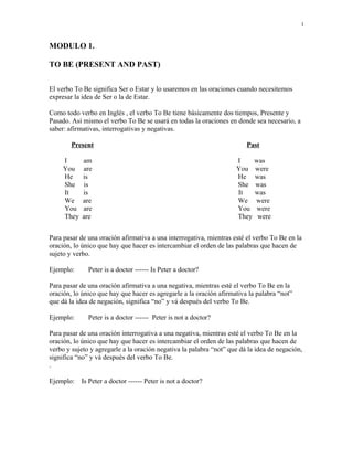 MODULO 1.
TO BE (PRESENT AND PAST)
El verbo To Be significa Ser o Estar y lo usaremos en las oraciones cuando necesitemos
expresar la idea de Ser o la de Estar.
Como todo verbo en Inglés , el verbo To Be tiene básicamente dos tiempos, Presente y
Pasado. Así mismo el verbo To Be se usará en todas la oraciones en donde sea necesario, a
saber: afirmativas, interrogativas y negativas.
Present Past
I am I was
You are You were
He is He was
She is She was
It is It was
We are We were
You are You were
They are They were
Para pasar de una oración afirmativa a una interrogativa, mientras esté el verbo To Be en la
oración, lo único que hay que hacer es intercambiar el orden de las palabras que hacen de
sujeto y verbo.
Ejemplo: Peter is a doctor ------ Is Peter a doctor?
Para pasar de una oración afirmativa a una negativa, mientras esté el verbo To Be en la
oración, lo único que hay que hacer es agregarle a la oración afirmativa la palabra “not”
que dá la idea de negación, significa “no” y vá después del verbo To Be.
Ejemplo: Peter is a doctor ------ Peter is not a doctor?
Para pasar de una oración interrogativa a una negativa, mientras esté el verbo To Be en la
oración, lo único que hay que hacer es intercambiar el orden de las palabras que hacen de
verbo y sujeto y agregarle a la oración negativa la palabra “not” que dá la idea de negación,
significa “no” y vá después del verbo To Be.
.
Ejemplo: Is Peter a doctor ------ Peter is not a doctor?
1
 