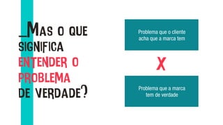 _Mas o que
significa
entender o
problema
de verdade?
x	
  
Problema que o cliente
acha que a marca tem
Problema que a marca
tem de verdade
 