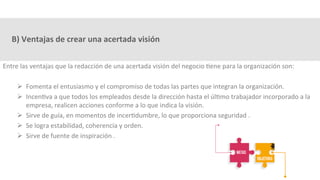 B)	Ventajas	de	crear	una	acertada	visión		
Entre	las	ventajas	que	la	redacción	de	una	acertada	visión	del	negocio	3ene	para	la	organización	son:	
	
Ø  Fomenta	el	entusiasmo	y	el	compromiso	de	todas	las	partes	que	integran	la	organización.	
Ø  Incen3va	a	que	todos	los	empleados	desde	la	dirección	hasta	el	úl3mo	trabajador	incorporado	a	la	
empresa,	realicen	acciones	conforme	a	lo	que	indica	la	visión.	
Ø  Sirve	de	guía,	en	momentos	de	incer3dumbre,	lo	que	proporciona	seguridad	.	
Ø  Se	logra	estabilidad,	coherencia	y	orden.	
Ø  Sirve	de	fuente	de	inspiración	.	
 