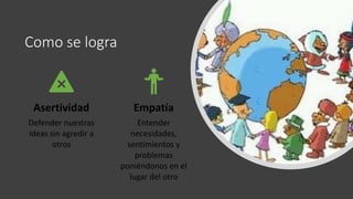 Como se logra
Asertividad
Defender nuestras
ideas sin agredir a
otros
Empatía
Entender
necesidades,
sentimientos y
problemas
poniéndonos en el
lugar del otro
 