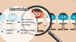 Identidad
Nos hace
únicos
Son nuestras
características
peculiares
Nuestra
cultura
Nuestra historia
de vida
 