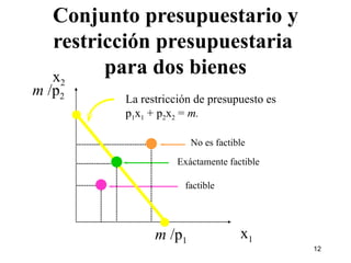 Conjunto presupuestario y restricción presupuestaria  para dos bienes x 2 x 1 m  /p 1 factible m  /p 2 La restricción de presupuesto es p 1 x 1  + p 2 x 2  =  m.  No es factible Exáctamente factible 