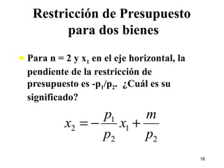 Para n = 2 y x 1  en el eje horizontal, la pendiente de la restricción de presupuesto es -p 1 /p 2 .  ¿Cuál es su significado? Restricción de Presupuesto  para dos bienes 