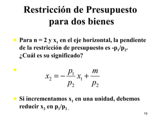 Para n = 2 y x 1  en el eje horizontal, la pendiente de la restricción de presupuesto es -p 1 /p 2 .  ¿Cuál es su significado? Si incrementamos x 1  en una unidad, debemos reducir x 2  en p 1 /p 2 . Restricción de Presupuesto  para dos bienes 