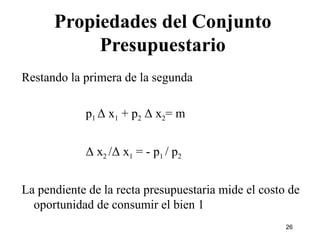 Propiedades del Conjunto Presupuestario Restando la primera de la segunda p 1  Δ  x 1  + p 2   Δ  x 2 = m Δ  x 2  / Δ  x 1   = - p 1  / p 2   La pendiente de la recta presupuestaria mide el costo de oportunidad de consumir el bien 1 
