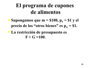 Supongamos que m = $100, p F  = $1 y el precio de los “otros bienes” es p G  = $1. La restricción de presupuesto es   F + G =100. El programa de cupones  de alimentos 