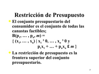 El conjunto presupuestario del consumidor es el conjunto de todas las canastas factibles; B(p 1 , … , p n ,  m ) = { (x 1 , … , x n ) | x 1  ³ 0, … , x n  ³ 0 y   p 1 x 1  + … + p n x n  £  m  } La restricción de presupuesto es la frontera superior del conjunto presupuestario. Restricción de Presupuesto 