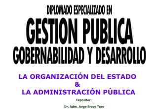 Expositor:  Dr. Adm. Jorge Bravo Toro LA ORGANIZACIÓN DEL ESTADO  &  LA ADMINISTRACIÓN PÚBLICA 