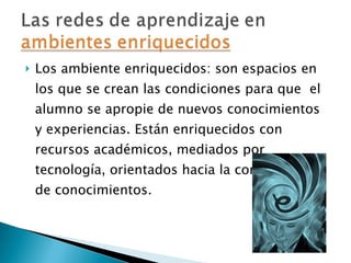 Los ambiente enriquecidos: son espacios en los que se crean las condiciones para que  el alumno se apropie de nuevos conocimientos y experiencias. Están enriquecidos con recursos académicos, mediados por tecnología, orientados hacia la construcción de conocimientos. 