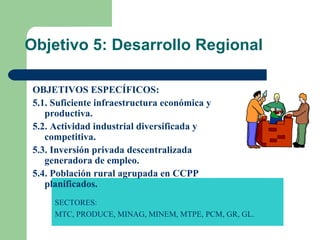 Objetivo 5: Desarrollo Regional OBJETIVOS ESPECÍFICOS: 5.1. Suficiente infraestructura económica y productiva. 5.2. Actividad industrial diversificada y competitiva. 5.3. Inversión privada descentralizada generadora de empleo. 5.4. Población rural agrupada en CCPP planificados. SECTORES: MTC, PRODUCE, MINAG, MINEM, MTPE, PCM, GR, GL. 