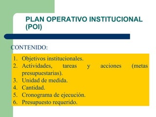 PLAN OPERATIVO INSTITUCIONAL (POI) CONTENIDO: Objetivos institucionales. Actividades, tareas y acciones (metas presupuestarias). Unidad de medida. Cantidad. Cronograma de ejecución. Presupuesto requerido. 