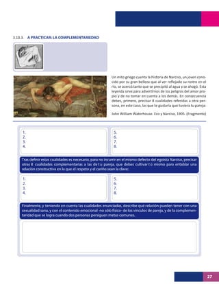 3.10.3. A PRACTICAR: LA COMPLEMENTARIEDAD




                                                           Un mito griego cuenta la historia de Narciso, un joven cono-
                                                           cido por su gran belleza que al ver reflejado su rostro en el
                                                           río, se acercó tanto que se precipitó al agua y se ahogó. Esta
                                                           leyenda sirve para advertirnos de los peligros del amor pro-
                                                           pio y de no tomar en cuenta a los demás. En consecuencia
                                                           debes, primero, precisar 8 cualidades referidas a otra per-
                                                           sona, en este caso, las que te gustaría que tuviera tu pareja:

                                                           John William Waterhouse. Eco y Narciso, 1905. (Fragmento)



    1.                                                      5.
    2.                                                      6.
    3.                                                      7.
    4.                                                      8.



    otras 8 cualidades complementarias a las de t u pareja, que debes cultivar t ú mismo para entablar una
    relación constructiva en la que el respeto y el cariño sean la clave:

    1.                                                      5.
    2.                                                      6.
    3.                                                      7.
    4.                                                      8.

    Finalmente, y teniendo en cuenta las cualidades enunciadas, describe qué relación pueden tener con una
    sexualidad sana, y con el contenido emocional -no sólo físico- de los vinculos de pareja, y de la complemen-
    taridad que se logra cuando dos personas persiguen metas comunes.




                                                                                                                            27
 