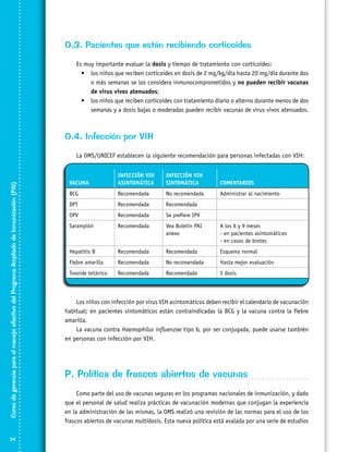O.3. Pacientes que están recibiendo corticoides
Es muy importante evaluar la dosis y tiempo de tratamiento con corticoides:
•	 los niños que reciben corticoides en dosis de 2 mg/kg/día hasta 20 mg/día durante dos
o más semanas se los considera inmunocomprometidos y no pueden recibir vacunas
de virus vivos atenuados;
•	 los niños que reciben corticoides con tratamiento diario o alterno durante menos de dos
semanas y a dosis bajas o moderadas pueden recibir vacunas de virus vivos atenuados.

O.4. Infección por VIH

Curso de gerencia para el manejo efectivo del Programa Ampliado de Inmunización (PAI)

La OMS/UNICEF establecen la siguiente recomendación para personas infectadas con VIH:

24

VACUNA

INFECCIÓN VIH
ASINTOMÁTICA

INFECCIÓN VIH
SINTOMÁTICA

COMENTARIOS

BCG

Recomendada

No recomendada

Administrar al nacimiento

DPT

Recomendada

Recomendada

OPV

Recomendada

Se prefiere IPV

Sarampión

Recomendada

Vea Boletín PAI
anexo

A los 6 y 9 meses
- en pacientes asintomáticos
- en casos de brotes

Hepatitis B

Recomendada

Recomendada

Esquema normal

Fiebre amarilla

Recomendada

No recomendada

Hasta mejor evaluación

Toxoide tetánico

Recomendada

Recomendada

5 dosis

Los niños con infección por virus VIH asintomáticos deben recibir el calendario de vacunación
habitual; en pacientes sintomáticos están contraindicadas la BCG y la vacuna contra la fiebre
amarilla.
La vacuna contra Haemophilus influenzae tipo b, por ser conjugada, puede usarse también
en personas con infección por VIH.

P. Política de frascos abiertos de vacunas
Como parte del uso de vacunas seguras en los programas nacionales de inmunización, y dado
que el personal de salud realiza prácticas de vacunación modernas que conjugan la experiencia
en la administración de las mismas, la OMS realizó una revisión de las normas para el uso de los
frascos abiertos de vacunas multidosis. Esta nueva política está avalada por una serie de estudios

 