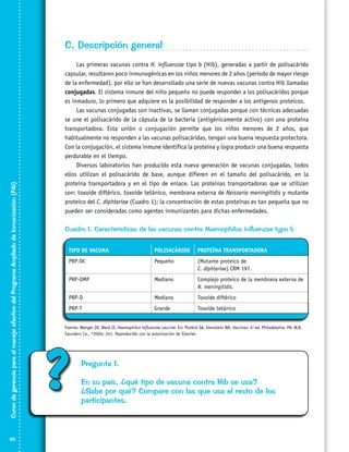 Curso de gerencia para el manejo efectivo del Programa Ampliado de Inmunización (PAI)

C. Descripción general

60

Las primeras vacunas contra H. influenzae tipo b (Hib), generadas a partir de polisacárido
capsular, resultaron poco inmunogénicas en los niños menores de 2 años (periodo de mayor riesgo
de la enfermedad), por ello se han desarrollado una serie de nuevas vacunas contra Hib llamadas
conjugadas. El sistema inmune del niño pequeño no puede responder a los polisacáridos porque
es inmaduro, lo primero que adquiere es la posibilidad de responder a los antígenos proteicos.
Las vacunas conjugadas son inactivas, se llaman conjugadas porque con técnicas adecuadas
se une el polisacárido de la cápsula de la bacteria (antigénicamente activo) con una proteína
transportadora. Esta unión o conjugación permite que los niños menores de 2 años, que
habitualmente no responden a las vacunas polisacáridas, tengan una buena respuesta protectora.
Con la conjugación, el sistema inmune identifica la proteína y logra producir una buena respuesta
perdurable en el tiempo.
Diversos laboratorios han producido esta nueva generación de vacunas conjugadas, todos
ellos utilizan el polisacárido de base, aunque difieren en el tamaño del polisacárido, en la
proteína transporta­dora y en el tipo de enlace. Las proteínas transportadoras que se utilizan
son: toxoide diftérico, toxoide tetánico, mem­brana externa de Neisseria meningitidis y mutante
proteico del C. diphteriae (Cuadro 1); la concentración de estas proteínas es tan pequeña que no
pueden ser conside­radas como agentes inmunizantes para dichas enfer­medades.

Cuadro 1. Características de las vacunas contra Haemophilus influenzae typo b
Tipo de vacuna

Polisacárido

Proteína transportadora

PRP-OC

Pequeño

(Mutante proteico de
C. diphteriae) CRM 197.

PRP-OMP

Mediano

Complejo proteico de la membrana externa de
N. meningitidis.

PRP-D

Mediano

Toxoide diftérico

PRP-T

Grande

Toxoide tetánico

Fuente: Wenger JD, Ward JI. Haemophilus influenzae vaccine. En: Plotkin SA, Orenstein WA. Vaccines, 4a ed. Philadelphia, PA: W.B.
Saunders Co., ©2004; 241. Reproducido con la autorización de Elsevier.

?

Pregunta 1.
En su país, ¿qué tipo de vacuna contra Hib se usa?
¿Sabe por qué? Compare con las que usa el resto de los
participantes.

 