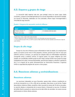 A.3. Esquema y grupos de riesgo
La vacunación debe repetirse cada año, para proteger contra las nuevas cepas virales
circulantes, y porque la inmunidad generada por las vacunas disponibles es de duración limitada.
Las vacunas en desarrollo, elaboradas con virus atenuados, ofrecen mayor inmunogenicidad e
inmunidad de larga duración.

Cuadro 1. Esquema de vacunación contra la influenza
Intervalo

1 dosis***

 4 semanas entre las dosis

Mayores de 9 años

88

Dosis

6 meses a 8 años **

Curso de gerencia para el manejo efectivo del Programa Ampliado de Inmunización (PAI)

Edad*

1 dosis

*A partir de los 3 años, se debe recibir la dosis de adulto.
** Para los menores de 12 años, se recomienda la vacuna a virus fraccionado, que causa menos reacción.
*** Si es la primera vez que el niño va a recibir la vacuna se deben administrar dos dosis separadas una de otra por un lapso de
cuatro semanas.

Grupos de alto riesgo
Aunque los virus de la influenza causan enfermedad en todas las edades, las complicaciones
graves y la muerte ocurren más en niños pequeños, ancianos, personas que viven en casas para
enfermos crónicos o ancianos, y en personas de cualquier edad con enfermedades respiratorias
(incluyendo asma) y cardíacas crónicas. En algunos países, los grupos indígenas que viven
aislados son considerados también grupos de alto riesgo. Aunque existen otros grupos de riesgo
(trabajadores de la salud, inmunocomprometidos, personal que trabaja en orfanatos o geriátricos
etc.), en la mayoría de los países latinoamericanos las restricciones financieras o logísticas
limitan la capacidad del programa de vacunar a otros grupos.

A.4. Reacciones adversas y contraindicaciones
Reacciones adversas
Las reacciones indeseables son poco frecuentes, aparece dolor, eritema y tumefacción en
el sitio de inoculación en un 15% a 20% de los vacunados. Estas duran un par de días. Pueden
darse efectos sistémicos (fiebre, escalofríos, dolor muscular) en menos del 1% de los vacunados.
La reacción alérgica a componentes de la vacuna (huevo o timerosal) es muy rara. El síndrome
de Guillain-Barré se presenta en menos de uno de cada millón de vacunados. Las nuevas vacunas
prácticamente no tienen efectos adversos.

 