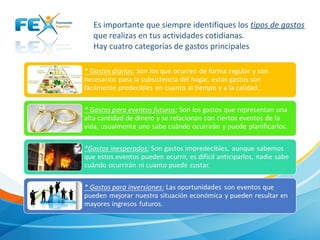 Es importante que siempre identifiques los tipos de gastos
que realizas en tus actividades cotidianas.
Hay cuatro categorías de gastos principales
 