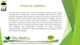 FATIGA DE HOMBROS
Las afecciones locales del hombro presentan síntomas que están
estrechamente relacionados con el movimiento del hombro y brazo.
Muchos problemas del hombro se agravan de modo característico al
practicar ciertos movimientos, tales como peinar el cabello, ponerse
la chaqueta, llevar la mano al bolsillo posterior o dificultad para
encontrar una postura confortable para el brazo durante la noche. Es
importante que las personas que tienen dolor de hombro observen si
hay evidencia de deformidad, perdida de masa muscular,
enrojecimiento, hinchazón u otra anormalidad y lo compare con el
otro delante del espejo.
 