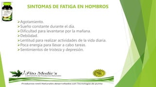 SINTOMAS DE FATIGA EN HOMBROS
Agotamiento.
Sueño constante durante el día.
Dificultad para levantarse por la mañana.
Debilidad.
Lentitud para realizar actividades de la vida diaria.
Poca energía para llevar a cabo tareas.
Sentimientos de tristeza y depresión.
 