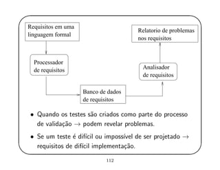 '
&
$
%
Requisitos em uma
linguagem formal
Processador
de requisitos
Banco de dados
de requisitos
Relatorio de problemas
nos requisitos
Analisador
de requisitos
• Quando os testes s˜ao criados como parte do processo
de valida¸c˜ao → podem revelar problemas.
• Se um teste ´e dif´ıcil ou imposs´ıvel de ser projetado →
requisitos de dif´ıcil implementa¸c˜ao.
112
 