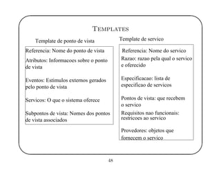 '
&
$
%
Templates
Template de ponto de vista
pelo ponto de vista
Servicos: O que o sistema oferece
Subpontos de vista: Nomes dos pontos
de vista associados
Template de servico
de vista
Referencia: Nome do ponto de vista Referencia: Nome do servico
Atributos: Informacoes sobre o ponto
e oferecido
fornecem o servico
Eventos: Estimulos externos gerados
Razao: razao pela qual o servico
Especificacao: lista de
especificao de servicos
Pontos de vista: que recebem
o servico
restricoes ao servico
Requisitos nao funcionais:
Provedores: objetos que
48
 