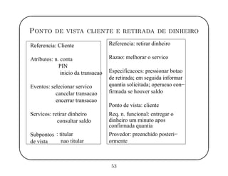 '
&
$
%
Ponto de vista cliente e retirada de dinheiro
Referencia: Cliente
Atributos: n. conta
PIN
inicio da transacao
Eventos: selecionar servico
cancelar transacao
encerrar transacao
Servicos: retirar dinheiro
consultar saldo
Subpontos
de vista
: titular
nao titular
Razao: melhorar o servico
Especificacoes: pressionar botao
de retirada; em seguida informar
quantia solicitada; operacao con−
firmada se houver saldo
Ponto de vista: cliente
confirmada quantia
Referencia: retirar dinheiro
Req. n. funcional: entregar o
dinheiro um minuto apos
Provedor: preenchido posteri−
ormente
53
 