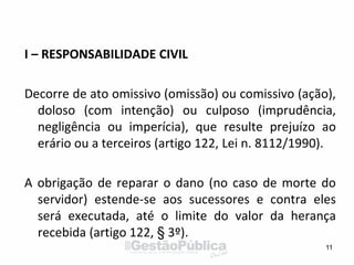 I – RESPONSABILIDADE CIVIL
Decorre de ato omissivo (omissão) ou comissivo (ação),
doloso (com intenção) ou culposo (imprudência,
negligência ou imperícia), que resulte prejuízo ao
erário ou a terceiros (artigo 122, Lei n. 8112/1990).
A obrigação de reparar o dano (no caso de morte do
servidor) estende-se aos sucessores e contra eles
será executada, até o limite do valor da herança
recebida (artigo 122, § 3º).
11
 