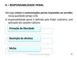 II – RESPONSABILIDADE PENAL
Abrange crimes e contravenções penais imputados ao servidor,
nessa qualidade (artigo 123).
A responsabilidade penal é definida pelo Poder Judiciário, com
aplicação das sanções cabíveis:
12
Privação de liberdade
Restrição de direitos
Multa
 