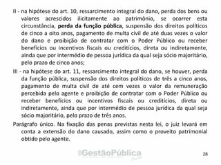 II - na hipótese do art. 10, ressarcimento integral do dano, perda dos bens ou
valores acrescidos ilicitamente ao patrimônio, se ocorrer esta
circunstância, perda da função pública, suspensão dos direitos políticos
de cinco a oito anos, pagamento de multa civil de até duas vezes o valor
do dano e proibição de contratar com o Poder Público ou receber
benefícios ou incentivos fiscais ou creditícios, direta ou indiretamente,
ainda que por intermédio de pessoa jurídica da qual seja sócio majoritário,
pelo prazo de cinco anos;
III - na hipótese do art. 11, ressarcimento integral do dano, se houver, perda
da função pública, suspensão dos direitos políticos de três a cinco anos,
pagamento de multa civil de até cem vezes o valor da remuneração
percebida pelo agente e proibição de contratar com o Poder Público ou
receber benefícios ou incentivos fiscais ou creditícios, direta ou
indiretamente, ainda que por intermédio de pessoa jurídica da qual seja
sócio majoritário, pelo prazo de três anos.
Parágrafo único. Na fixação das penas previstas nesta lei, o juiz levará em
conta a extensão do dano causado, assim como o proveito patrimonial
obtido pelo agente.
28
 