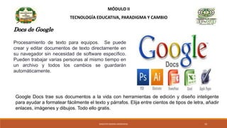 MÓDULO II
TECNOLOGÍA EDUCATIVA, PARADIGMA Y CAMBIO
Docs de Google
Procesamiento de texto para equipos. Se puede
crear y editar documentos de texto directamente en
su navegador sin necesidad de software específico.
Pueden trabajar varias personas al mismo tiempo en
un archivo y todos los cambios se guardarán
automáticamente.
Google Docs trae sus documentos a la vida con herramientas de edición y diseño inteligente
para ayudar a formatear fácilmente el texto y párrafos. Elija entre cientos de tipos de letra, añadir
enlaces, imágenes y dibujos. Todo ello gratis.
MAGISTER MARINA AROSEMENA 10
 