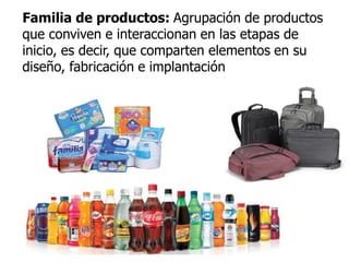 Familia de productos: Agrupación de productos
que conviven e interaccionan en las etapas de
inicio, es decir, que comparten elementos en su
diseño, fabricación e implantación
 