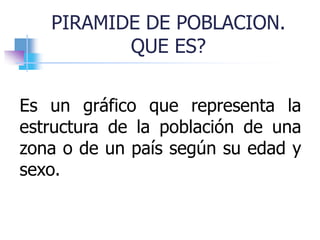 PIRAMIDE DE POBLACION.
QUE ES?
Es un gráfico que representa la
estructura de la población de una
zona o de un país según su edad y
sexo.
 