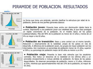 PIRAMIDE DE POBLACION. RESULTADOS
La forma que toma una pirámide, permite clasificar la estructura por edad de la
población, dentro de tres perfiles generales básicos:
• Población joven: Presenta base ancha con disminución rápida hacia la
cumbre. Representa a una población joven con natalidad alta, lo que hace presagiar
un rápido crecimiento de la población. Es el modelo típico de los países
subdesarrollados. Más del 40% de la población es menor de 15 años y menos de un
4% es mayor a los 65 años.
• Población en transición: Base y zona central con el mismo tamaño.
Reducción o estancamiento de la natalidad. propia de los países en vías de
desarrollo. A diferencia de la población joven, los grupos de mayor población son los
intermedios. Aún mantienen un porcentaje de población menor de 15 años, superior
al 30% y su porcentaje de población mayor de 65 años es menor a un 6%.
• Población vieja: Presenta la base más estrecha que los escalones
centrales. Nos indica un descenso de la natalidad en los últimos años y un
previsible envejecimiento e incluso pérdida de población. Es típica de los países
desarrollados. Se observan porcentajes de población, menor a 15 años, inferiores
al 25%, mientras que aproximadamente más del 15% de la población, es mayor de
65 años.
 