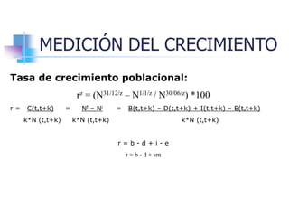 MEDICIÓN DEL CRECIMIENTO
Tasa de crecimiento poblacional:
rz = (N31/12/z – N1/1/z / N30/06/z) *100
r = C(t,t+k) = Nf – Ni = B(t,t+k) – D(t,t+k) + I(t,t+k) – E(t,t+k)
k*N (t,t+k) k*N (t,t+k) k*N (t,t+k)
r = b - d + i - e
r = b - d + sm
 