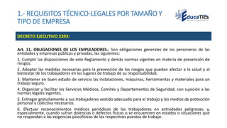 1.- REQUISITOS TÉCNICO-LEGALES POR TAMAÑO Y
TIPO DE EMPRESA
Art. 11. OBLIGACIONES DE LOS EMPLEADORES.- Son obligaciones generales de los personeros de las
entidades y empresas públicas y privadas, las siguientes:
1. Cumplir las disposiciones de este Reglamento y demás normas vigentes en materia de prevención de
riesgos.
2. Adoptar las medidas necesarias para la prevención de los riesgos que puedan afectar a la salud y al
bienestar de los trabajadores en los lugares de trabajo de su responsabilidad.
3. Mantener en buen estado de servicio las instalaciones, máquinas, herramientas y materiales para un
trabajo seguro.
4. Organizar y facilitar los Servicios Médicos, Comités y Departamentos de Seguridad, con sujeción a las
normas legales vigentes.
5. Entregar gratuitamente a sus trabajadores vestido adecuado para el trabajo y los medios de protección
personal y colectiva necesarios.
6. Efectuar reconocimientos médicos periódicos de los trabajadores en actividades peligrosas; y,
especialmente, cuando sufran dolencias o defectos físicos o se encuentren en estados o situaciones que
no respondan a las exigencias psicofísicas de los respectivos puestos de trabajo.
DECRETO EJECUTIVO 2393:
 