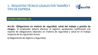 1.- REQUISITOS TÉCNICO-LEGALES POR TAMAÑO Y
TIPO DE EMPRESA
Art.10.- Obligaciones en materia de seguridad, salud del trabajo y gestión de
riesgos.- El empleador deberá efectuar el registro, aprobación, notificación y/o
reporte de obligaciones laborales en materia de seguridad y salud en el trabajo
respecto de los siguientes temas:
b) Reglamento de Higiene y Seguridad;
ACUERDO MINISTERIAL 135:
 