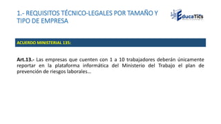 1.- REQUISITOS TÉCNICO-LEGALES POR TAMAÑO Y
TIPO DE EMPRESA
Art.13.- Las empresas que cuenten con 1 a 10 trabajadores deberán únicamente
reportar en la plataforma informática del Ministerio del Trabajo el plan de
prevención de riesgos laborales…
ACUERDO MINISTERIAL 135:
 