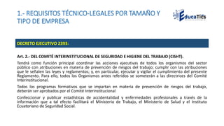 1.- REQUISITOS TÉCNICO-LEGALES POR TAMAÑO Y
TIPO DE EMPRESA
Art. 2.- DEL COMITÉ INTERINSTITUCIONAL DE SEGURIDAD E HIGIENE DEL TRABAJO (CISHT).
Tendrá como función principal coordinar las acciones ejecutivas de todos los organismos del sector
público con atribuciones en materia de prevención de riesgos del trabajo; cumplir con las atribuciones
que le señalen las leyes y reglamentos; y, en particular, ejecutar y vigilar el cumplimiento del presente
Reglamento. Para ello, todos los Organismos antes referidos se someterán a las directrices del Comité
Interinstitucional.
Todos los programas formativos que se impartan en materia de prevención de riesgos del trabajo,
deberán ser aprobados por el Comité Interinstitucional
Confeccionar y publicar estadísticas de accidentalidad y enfermedades profesionales a través de la
información que a tal efecto facilitará el Ministerio de Trabajo, el Ministerio de Salud y el Instituto
Ecuatoriano de Seguridad Social.
DECRETO EJECUTIVO 2393:
 