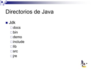 Directorios de Java
 Jdk
docs
bin
demo
include
lib
src
jre
 